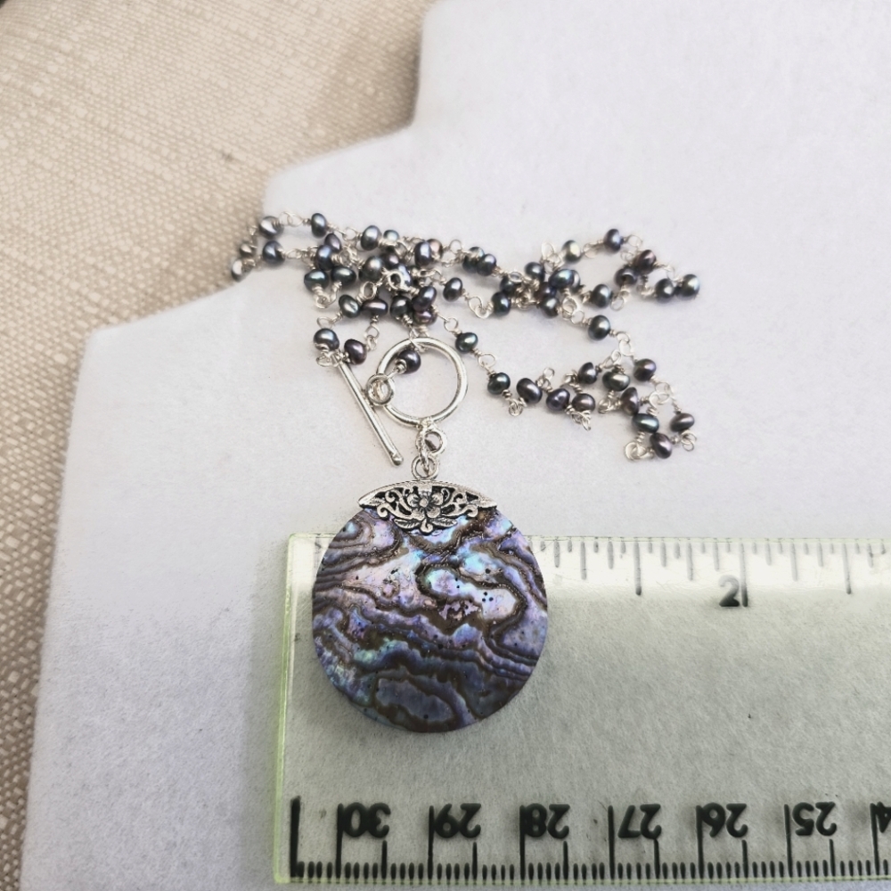 925 Silver Abalone and Pearl Station Necklace - Picture 12 of 15